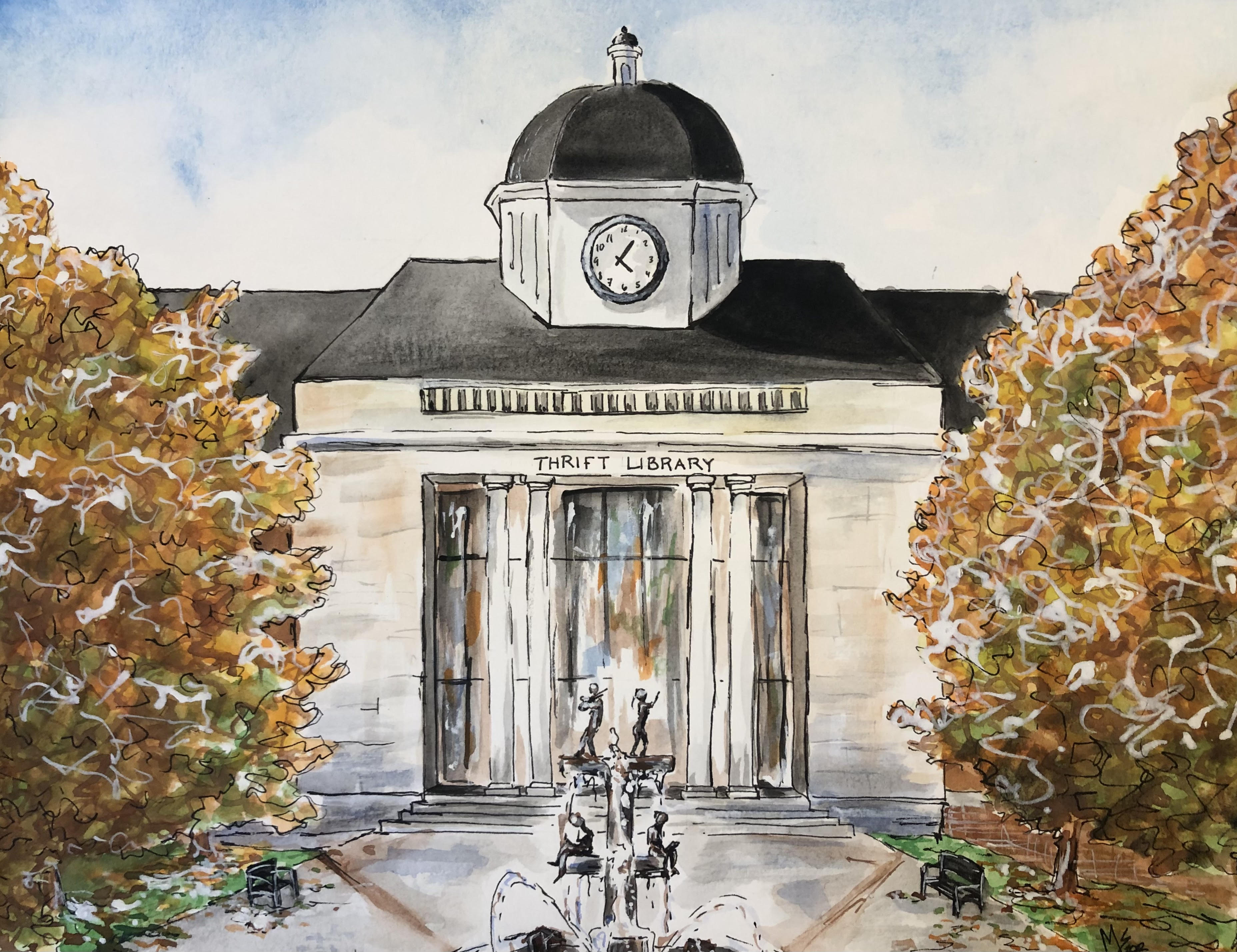 Watercolor image of the front of the Thrift Library building.