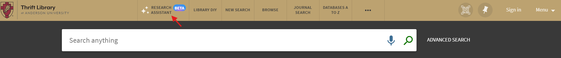 Screenshot of the catalog's top ribbon with an arrow pointing to the tab labeled "Research Assistant (Beta)"