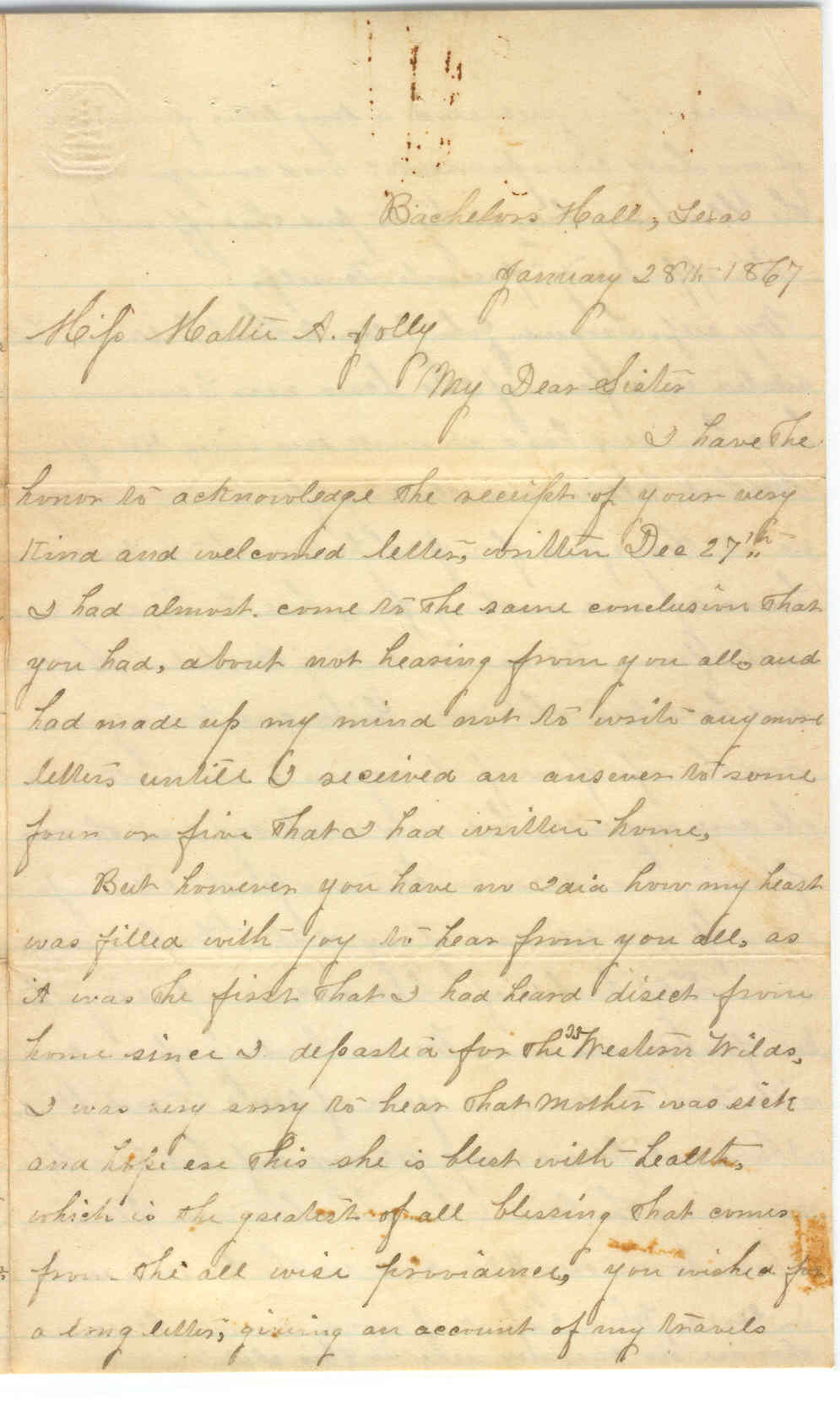 Part 1: Manse Jolly letter to his mother from Bachelors Hall, TX