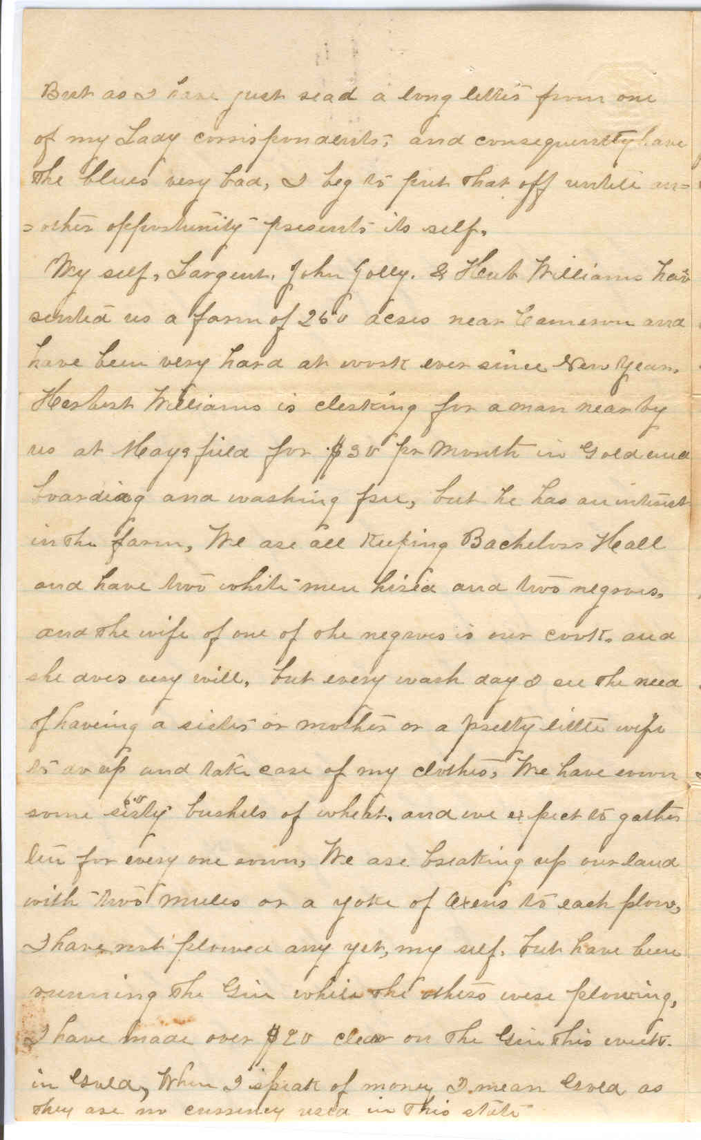 Part 2: Manse Jolly letter to his mother from Bachelors Hall, TX