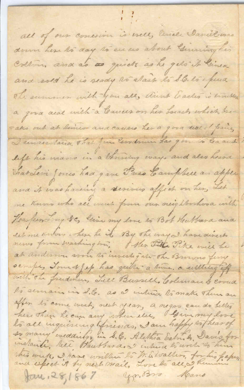 Part 4: Manse Jolly letter to his mother from Bachelors Hall, TX