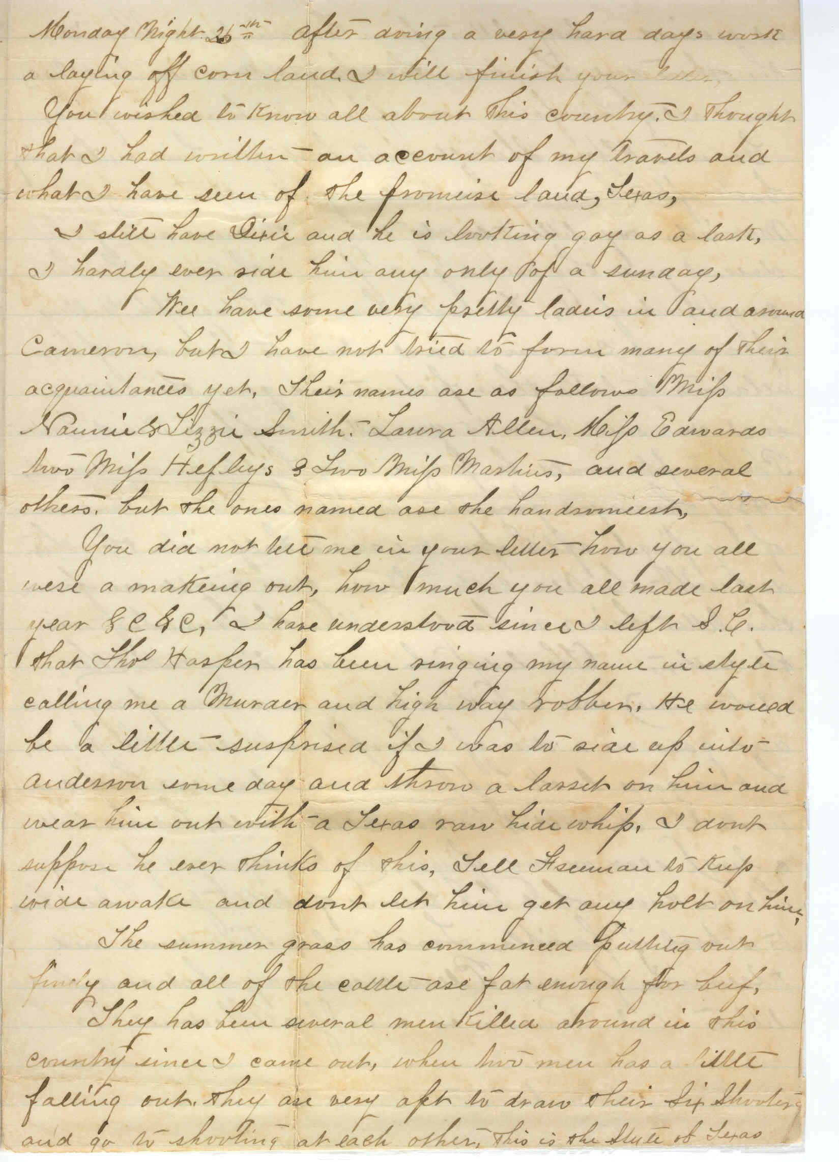 Part 3: Manse Jolly letter to his sister from Delectable Hall, TX