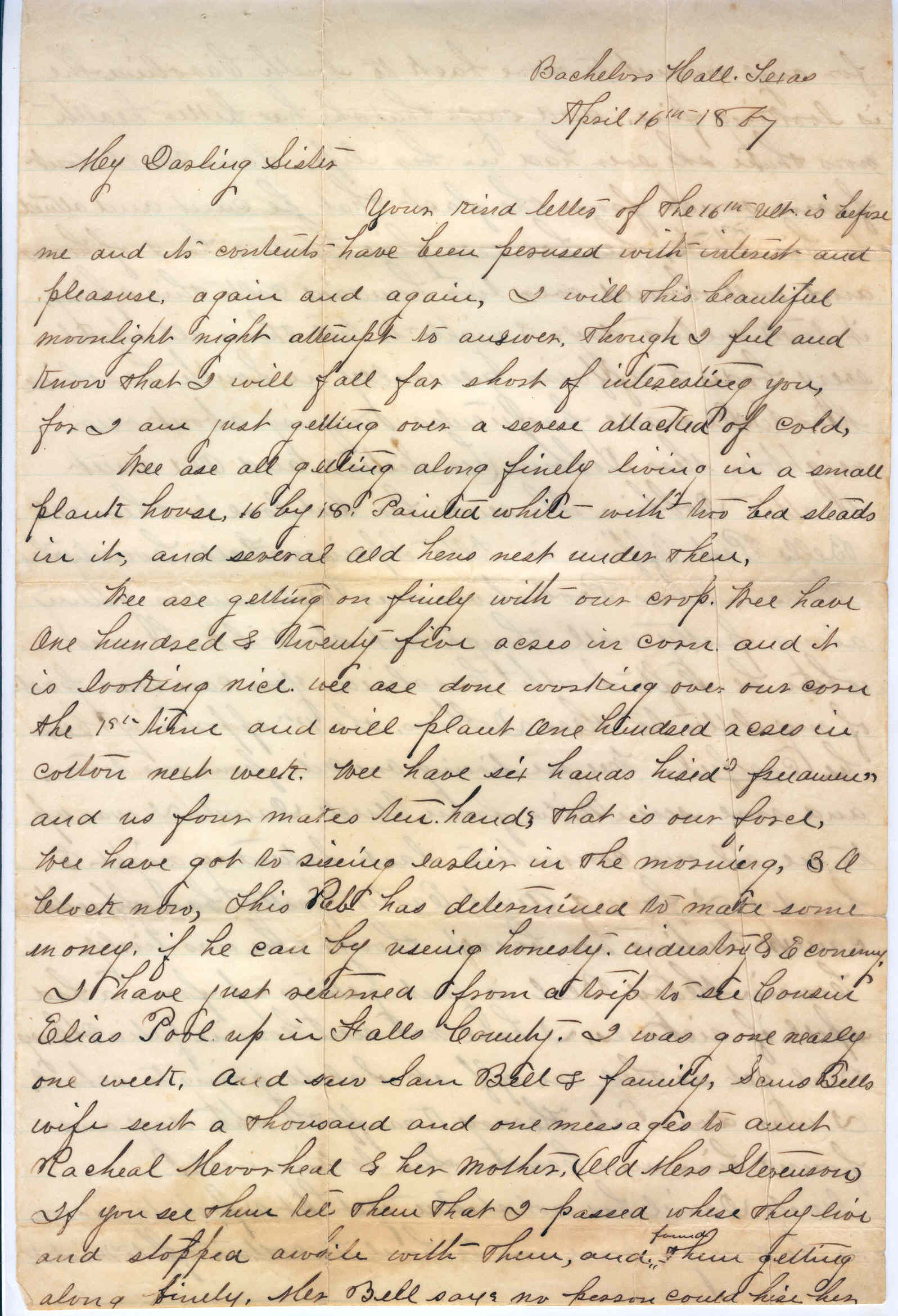 Part 1: Manse Jolly second letter to his sister from Bachelors Hall, TX