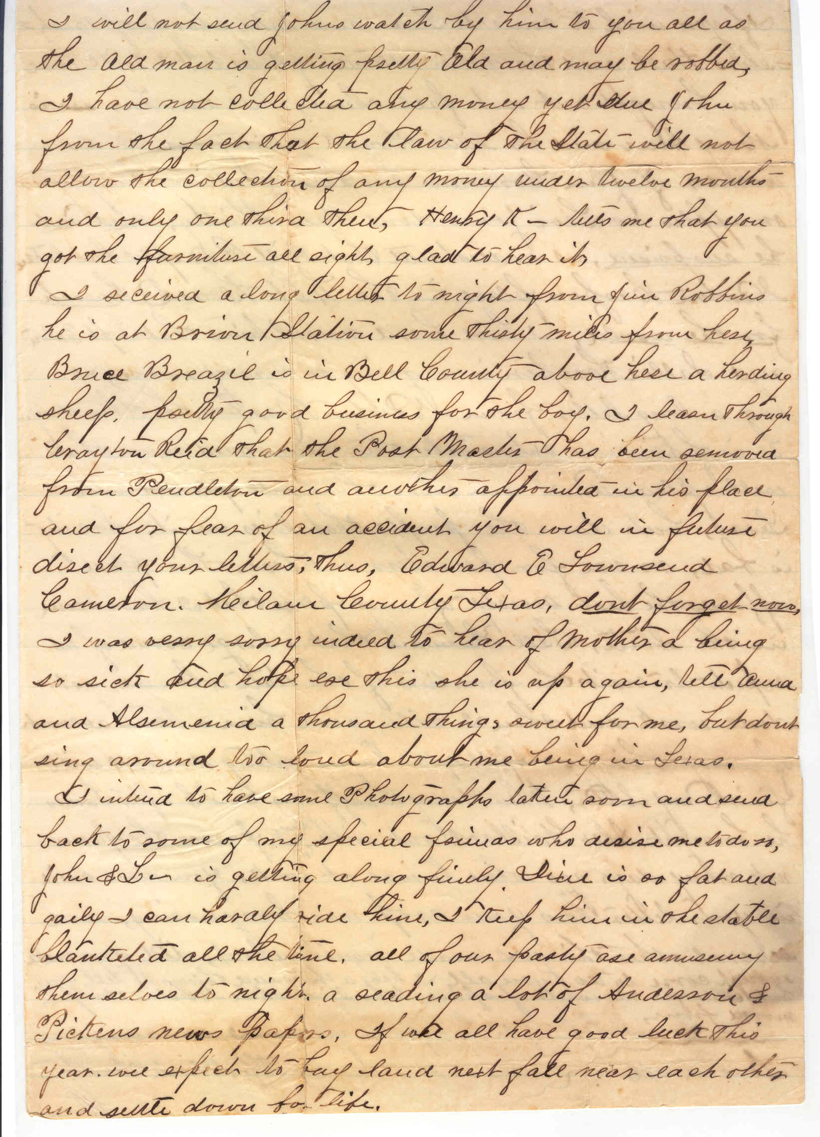 Part 3: Manse Jolly second letter to his sister from Bachelors Hall, TX