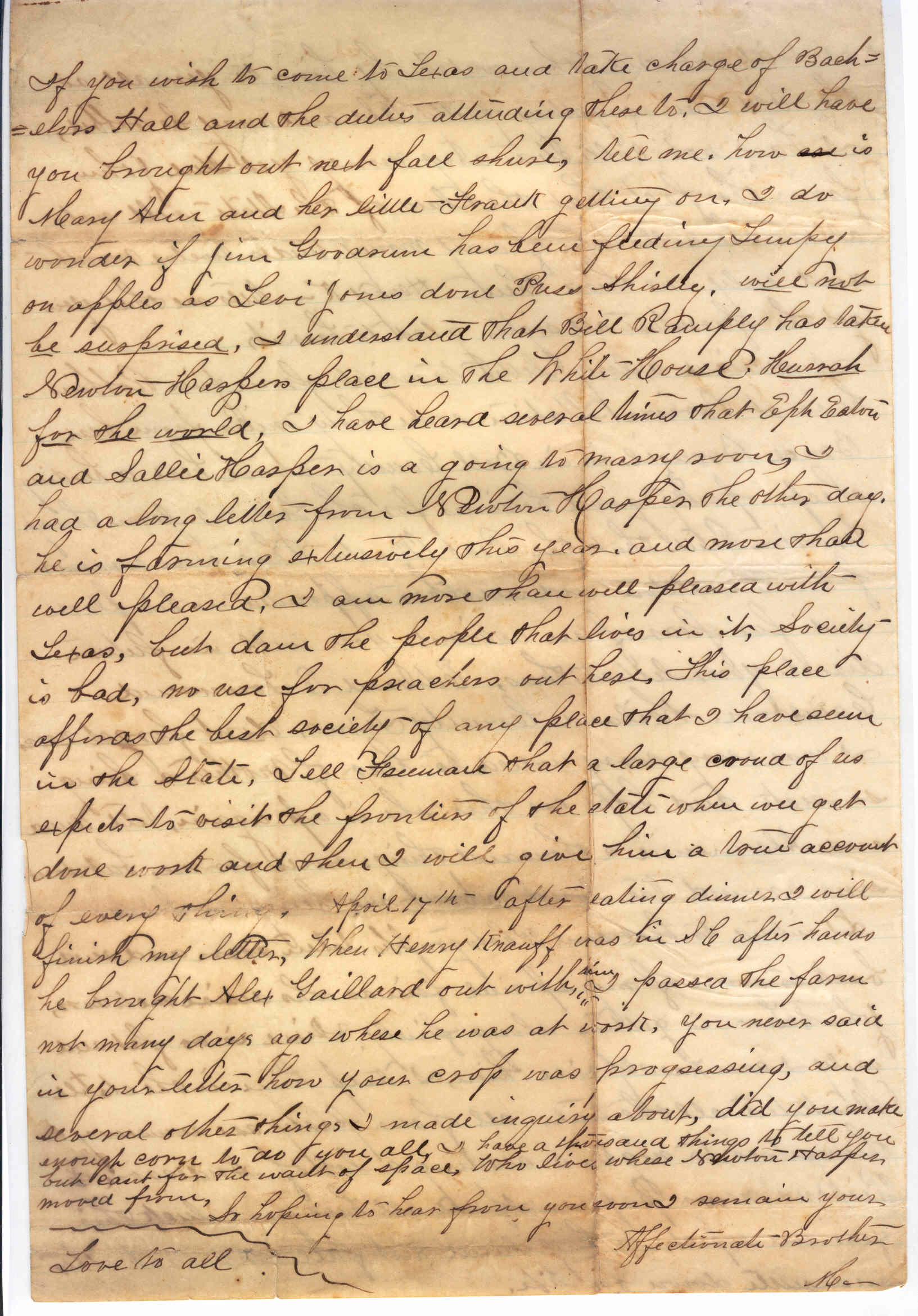 Part 4: Manse Jolly second letter to his sister from Bachelors Hall, TX