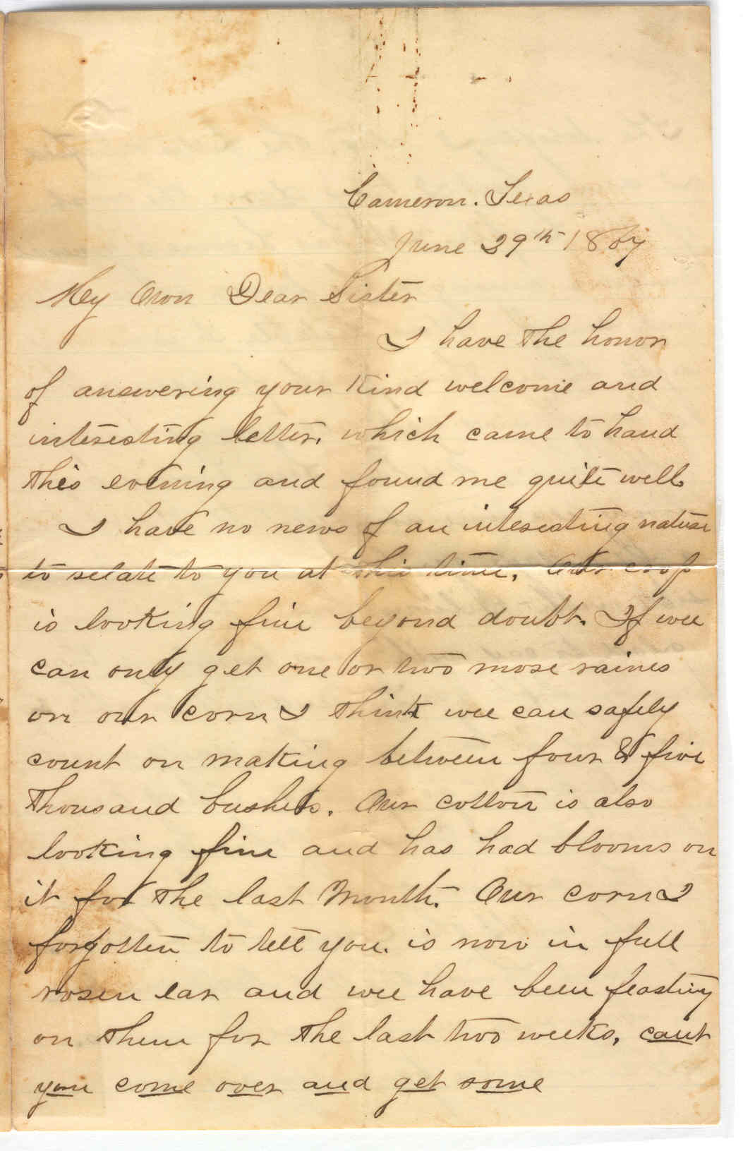 Part 1: Manse Jolly letter to his sister from Cameron, TX