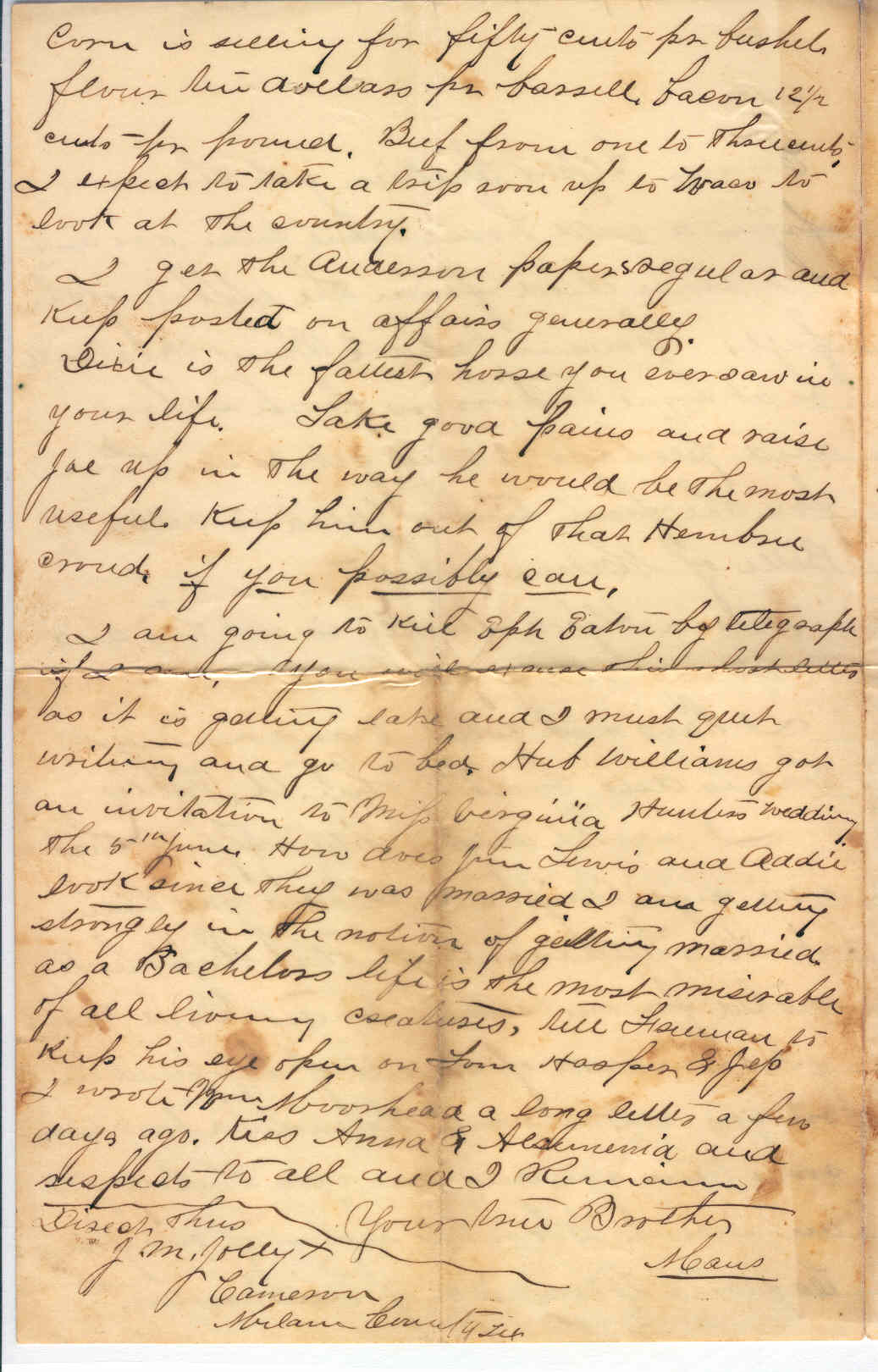 Part 4: Manse Jolly letter to his sister from Cameron, TX