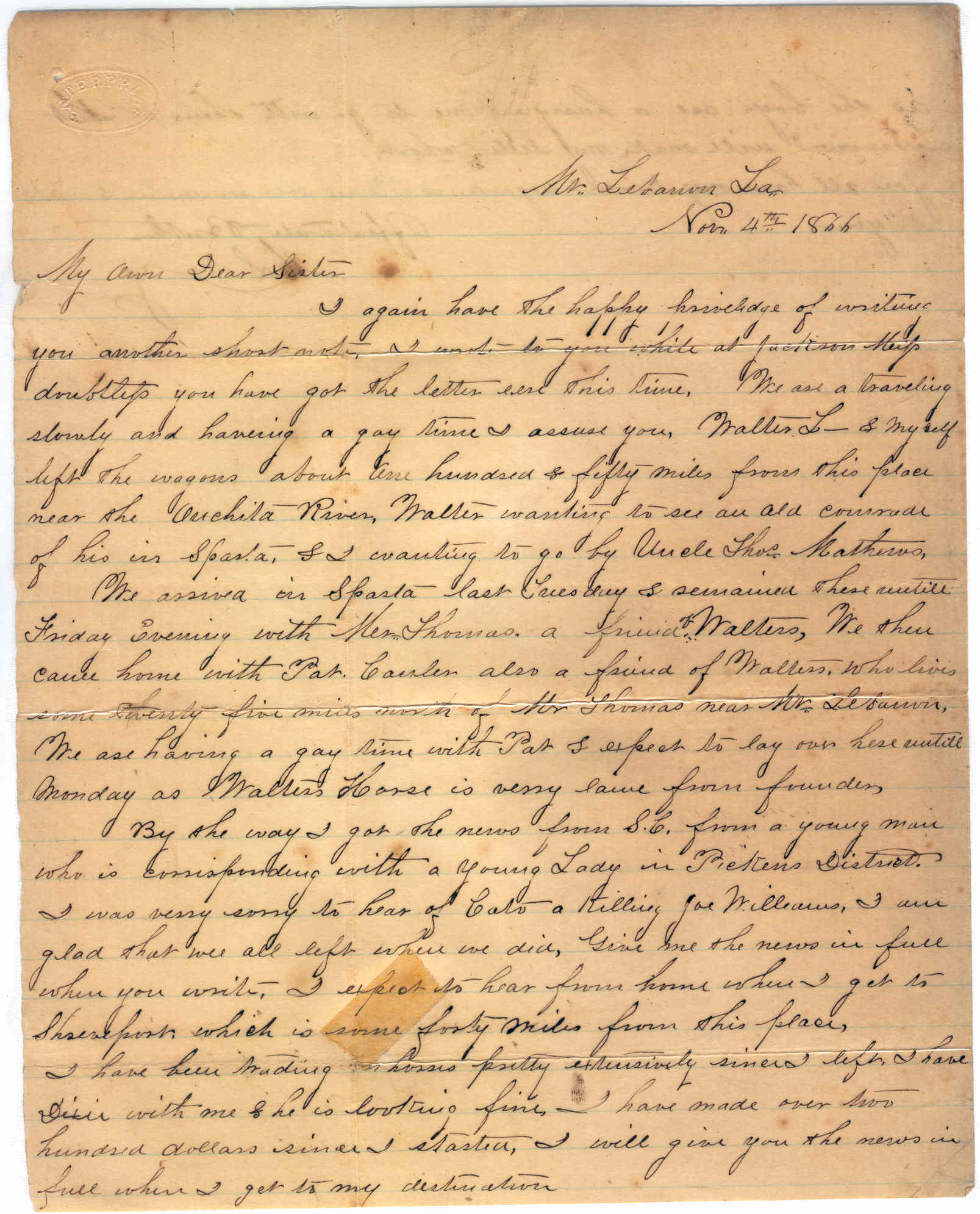 Part 1: Manse Jolly letter to his sister from Lebanon, LA