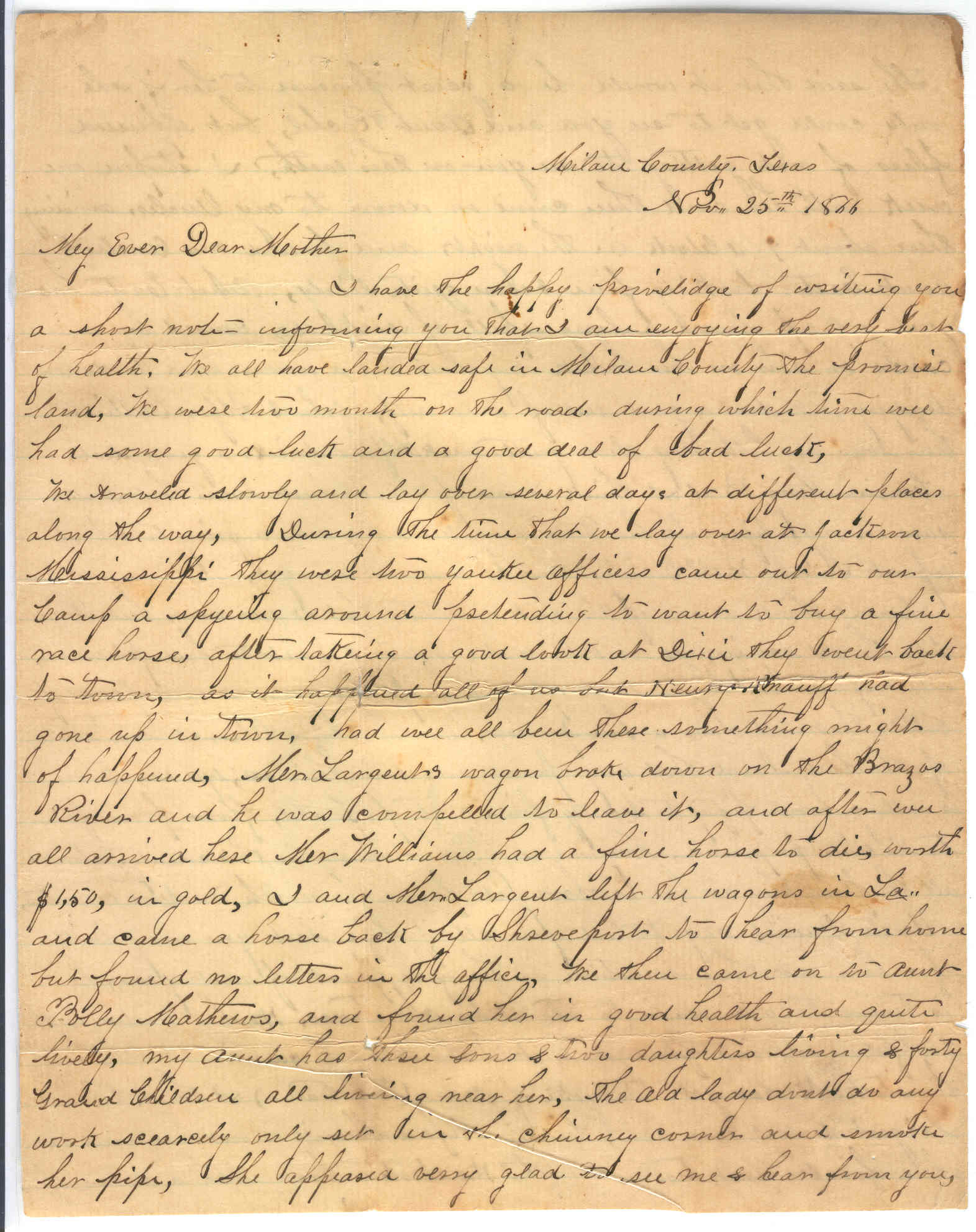 Part 1: Manse Jolly letter to his mother from Milam County, TX