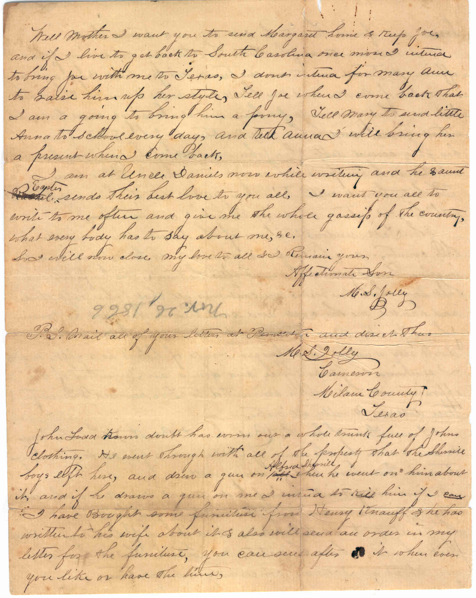 Part 4: Manse Jolly letter to his mother from Milam County, TX