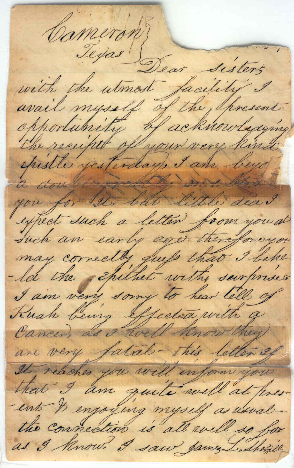 Part 1: Manse Jolly second letter to his sister from Cameron, TX