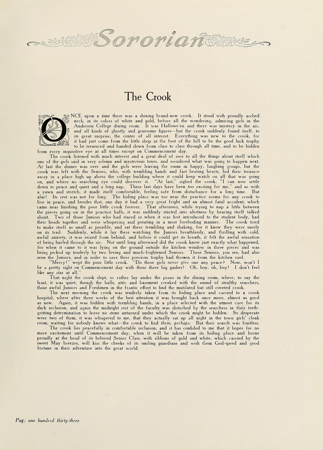 Page 133 from the 1920 Sororian about the Crook